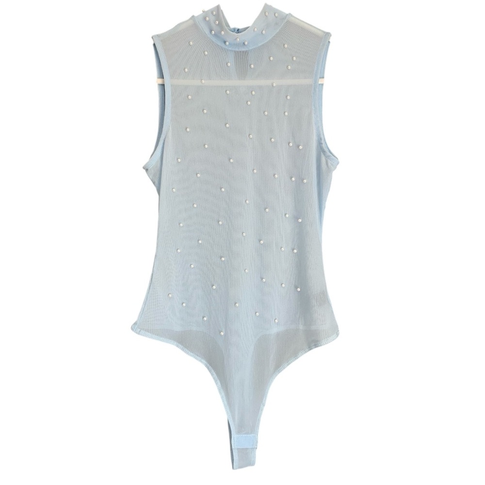 Blāshe Blue Sheer Bodysuit with Pearl Details